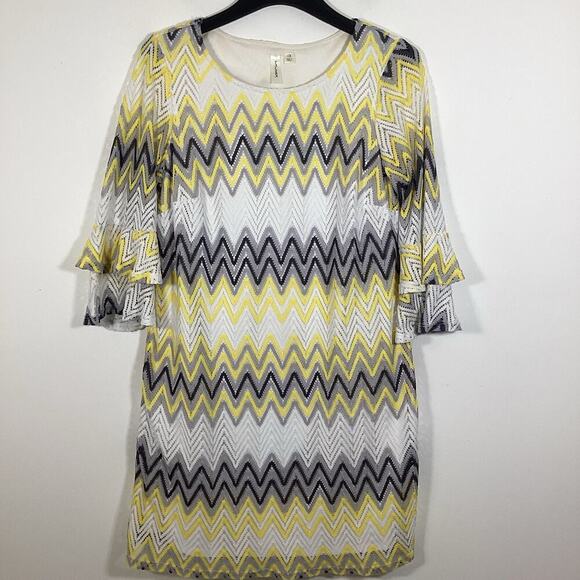Tacera Midi Shift Dress XL Chevron Zig Zag Crochet Boho Yellow Grey Bell Sleeve - Picture 4 of 7